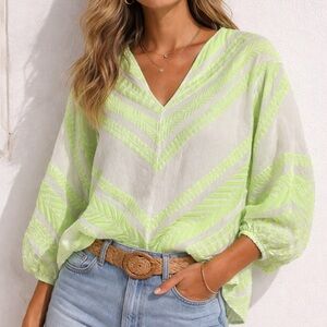 Anthropologie: Devotion TWINS Neon Lime Textured V-Neck Top Size Small EUC